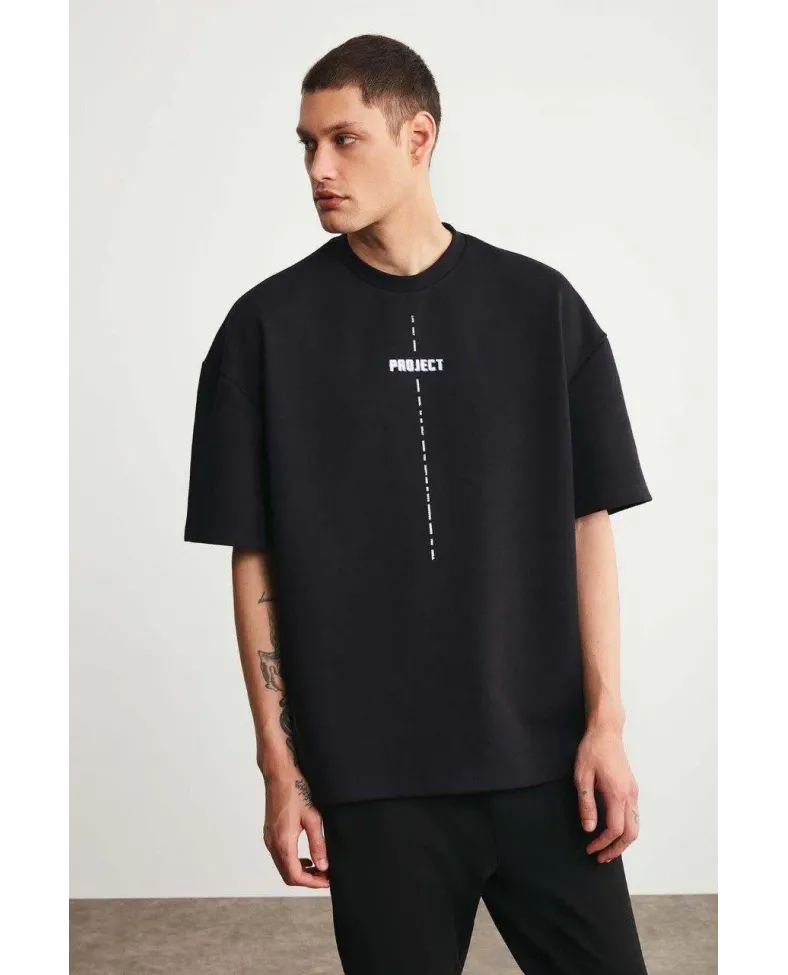 Erkek Baskılı T-Shirt Kısa Kol Bisiklet Yaka Regular Fit Rahat Kalıp Tişört - Siyah