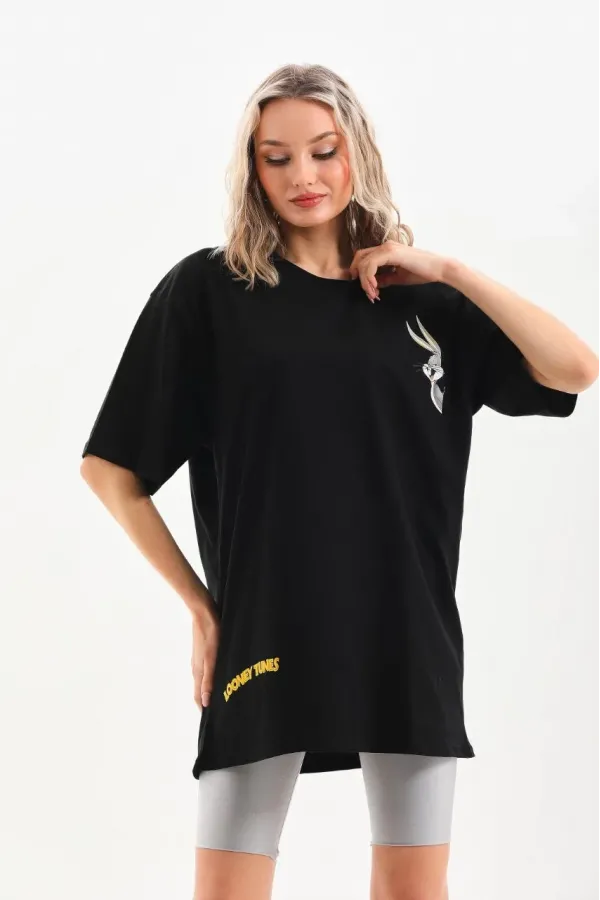 Kadın  Baskılı Oversize T-Shirt - Siyah