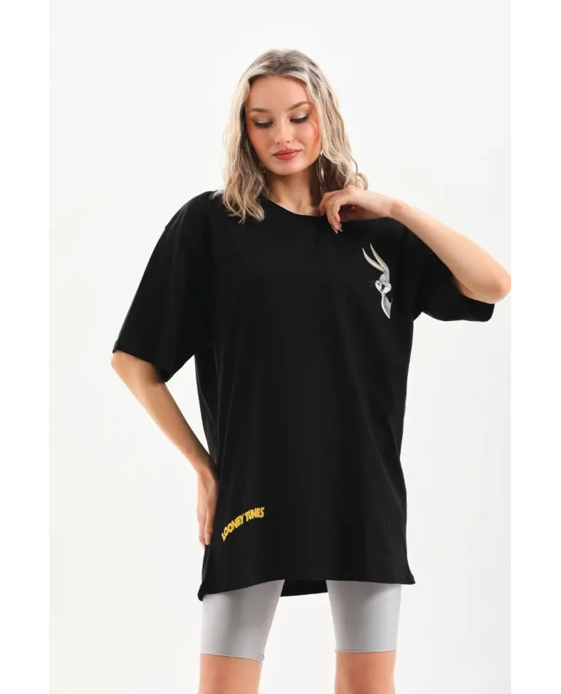 Kadın  Baskılı Oversize T-Shirt - Siyah