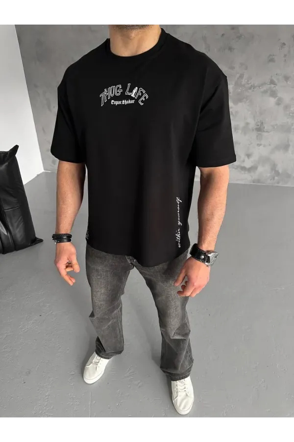 ERKEK Baskılı Oversize T-Shirt - Siyah