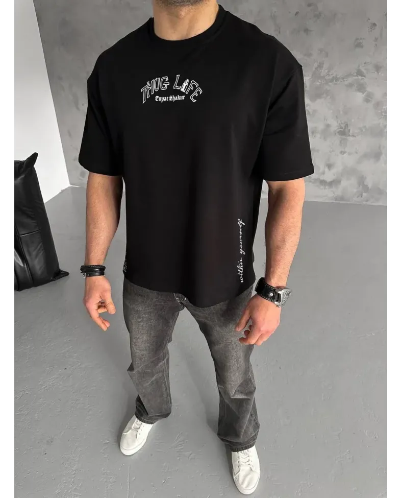 ERKEK Baskılı Oversize T-Shirt - Siyah