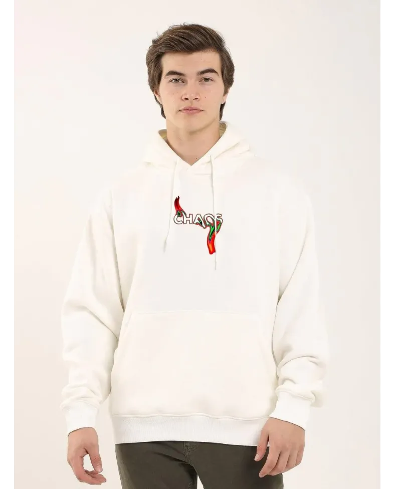 ERKEK Baskılı Oversize Üç İplik Kapüşonlu Sweatshirt - Beyaz