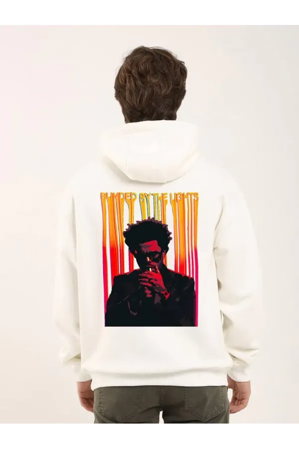 ERKEK Baskılı Oversize Üç İplik Kapüşonlu Sweatshirt - Beyaz
