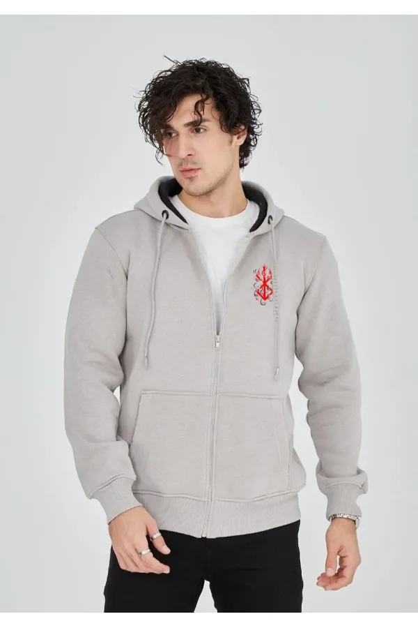 ERKEK Baskılı Tam Fermuarlı Kapşonlu SweatShirt - Boyalı Gri