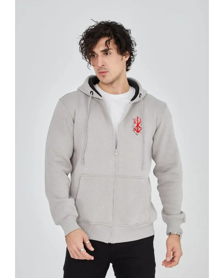 ERKEK Baskılı Tam Fermuarlı Kapşonlu SweatShirt - Boyalı Gri