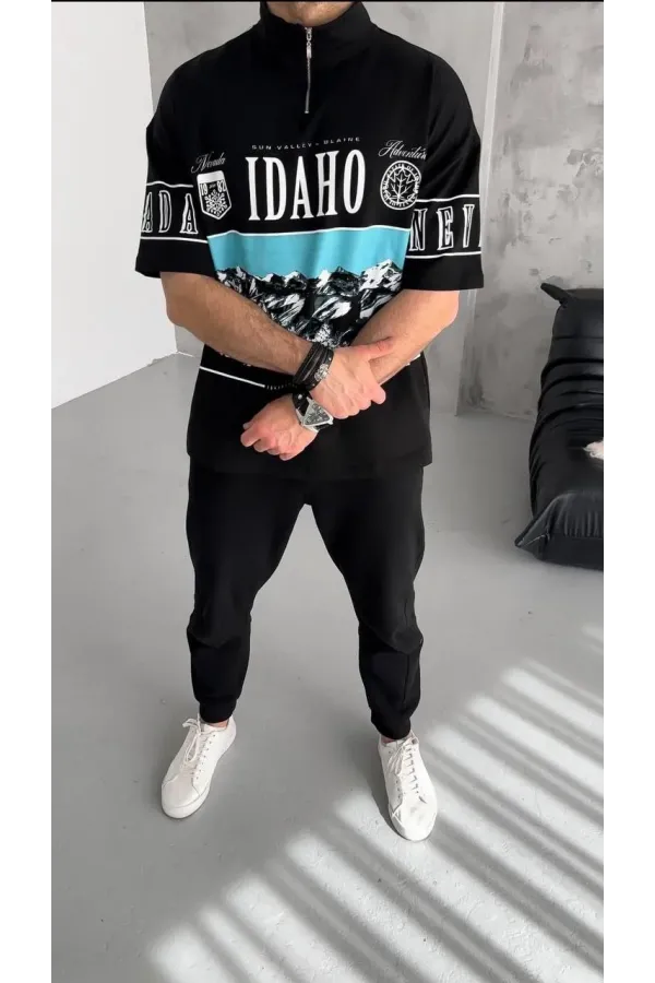 Unisex Baskılı Yarım Fermuarlı T-Shirt - Siyah