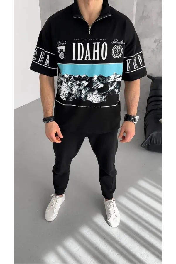 Unisex Baskılı Yarım Fermuarlı T-Shirt - Siyah