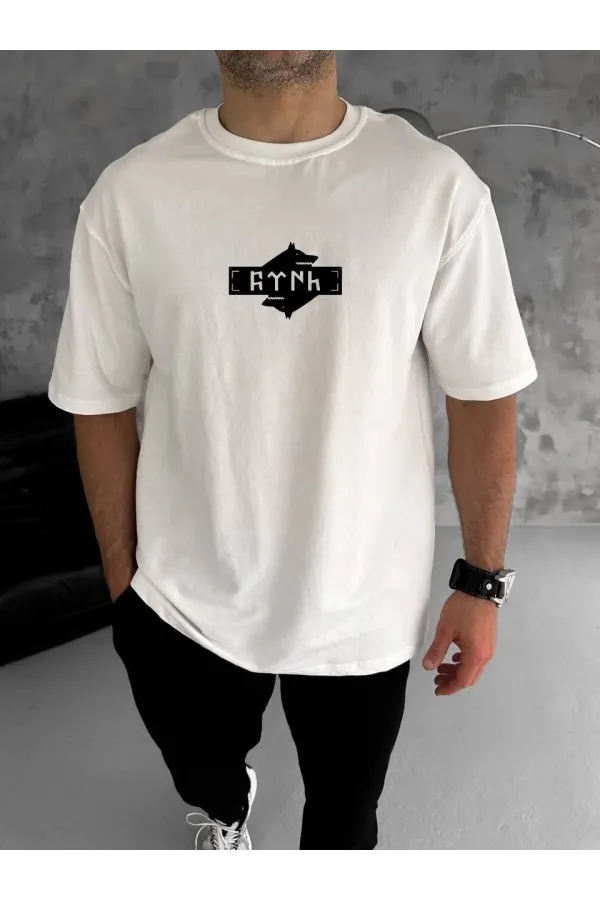 ERKEK Bisiklet Yaka Baskılı Double Oversize T-Shirt - Beyaz