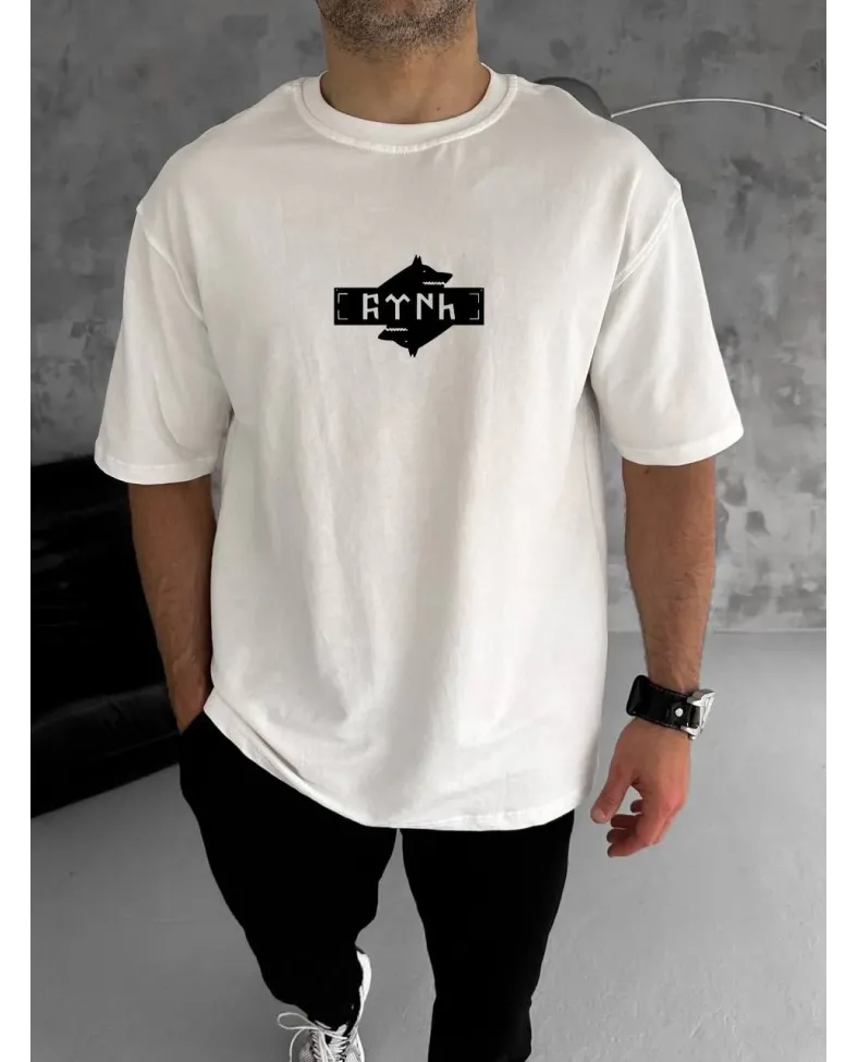 ERKEK Bisiklet Yaka Baskılı Double Oversize T-Shirt - Beyaz