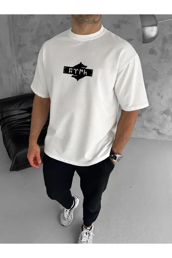ERKEK Bisiklet Yaka Baskılı Double Oversize T-Shirt - Beyaz