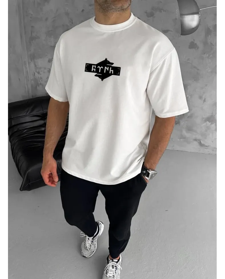 ERKEK Bisiklet Yaka Baskılı Double Oversize T-Shirt - Beyaz