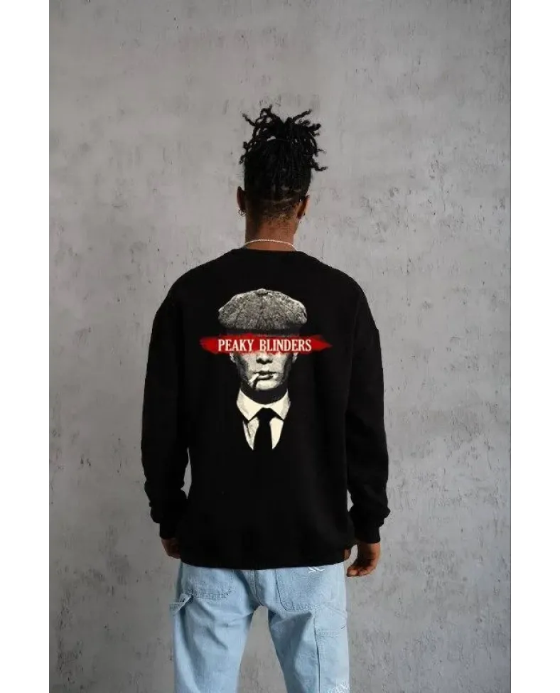 ERKEK Bisiklet Yaka Baskılı Oversize Sweatshirt - Siyah