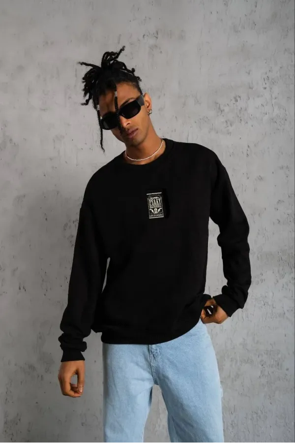 ERKEK Bisiklet Yaka Baskılı Oversize Sweatshirt - Siyah