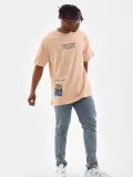 Erkek  Bisiklet Yaka Baskılı Oversize T-Shirt - Bej