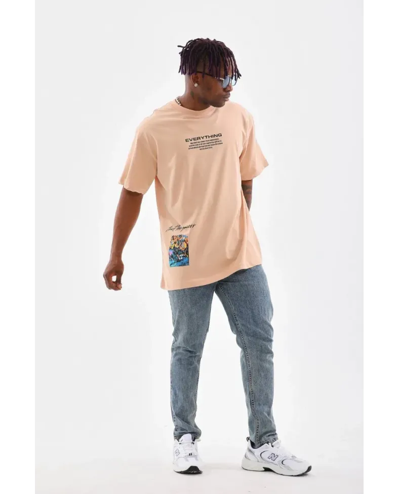 Erkek  Bisiklet Yaka Baskılı Oversize T-Shirt - Bej