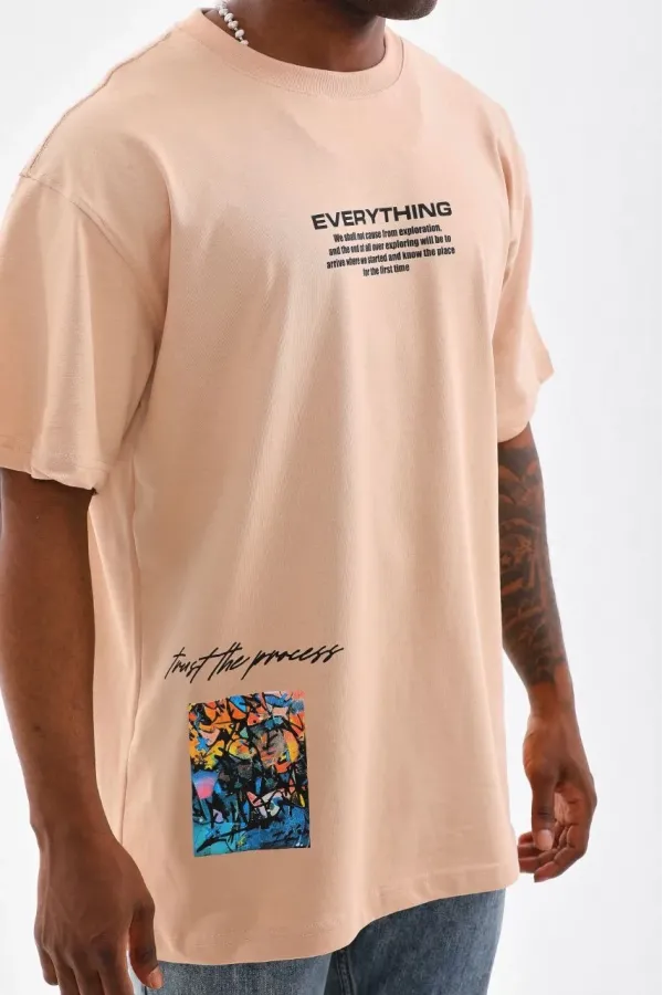 Erkek  Bisiklet Yaka Baskılı Oversize T-Shirt - Bej