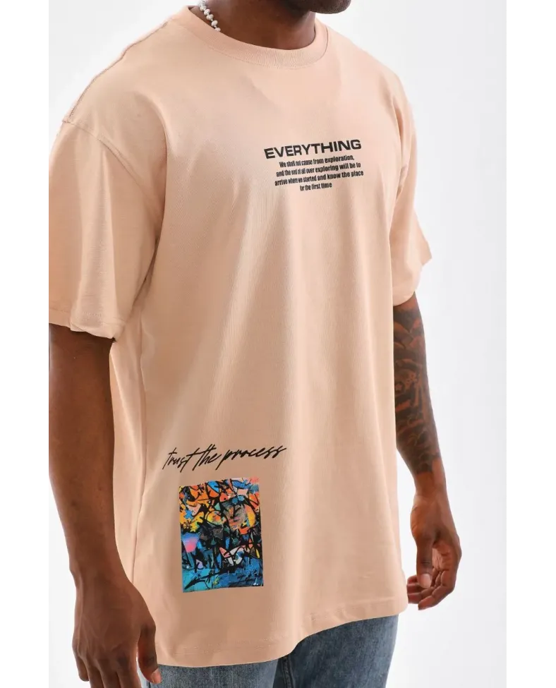 Erkek  Bisiklet Yaka Baskılı Oversize T-Shirt - Bej