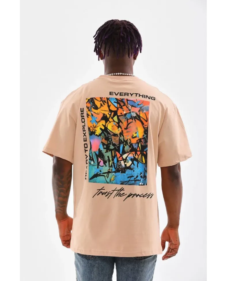 Erkek  Bisiklet Yaka Baskılı Oversize T-Shirt - Bej