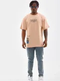 Erkek  Bisiklet Yaka Baskılı Oversize T-Shirt - Bej