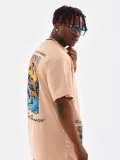 Erkek  Bisiklet Yaka Baskılı Oversize T-Shirt - Bej
