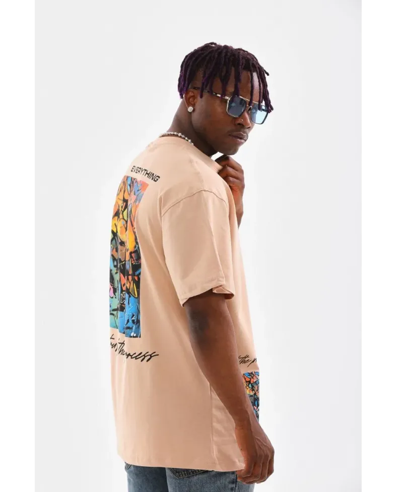 Erkek  Bisiklet Yaka Baskılı Oversize T-Shirt - Bej
