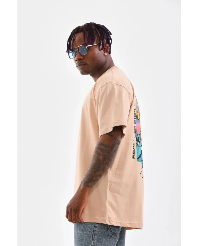 Erkek  Bisiklet Yaka Baskılı Oversize T-Shirt - Bej