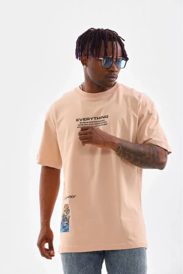 Erkek  Bisiklet Yaka Baskılı Oversize T-Shirt - Bej