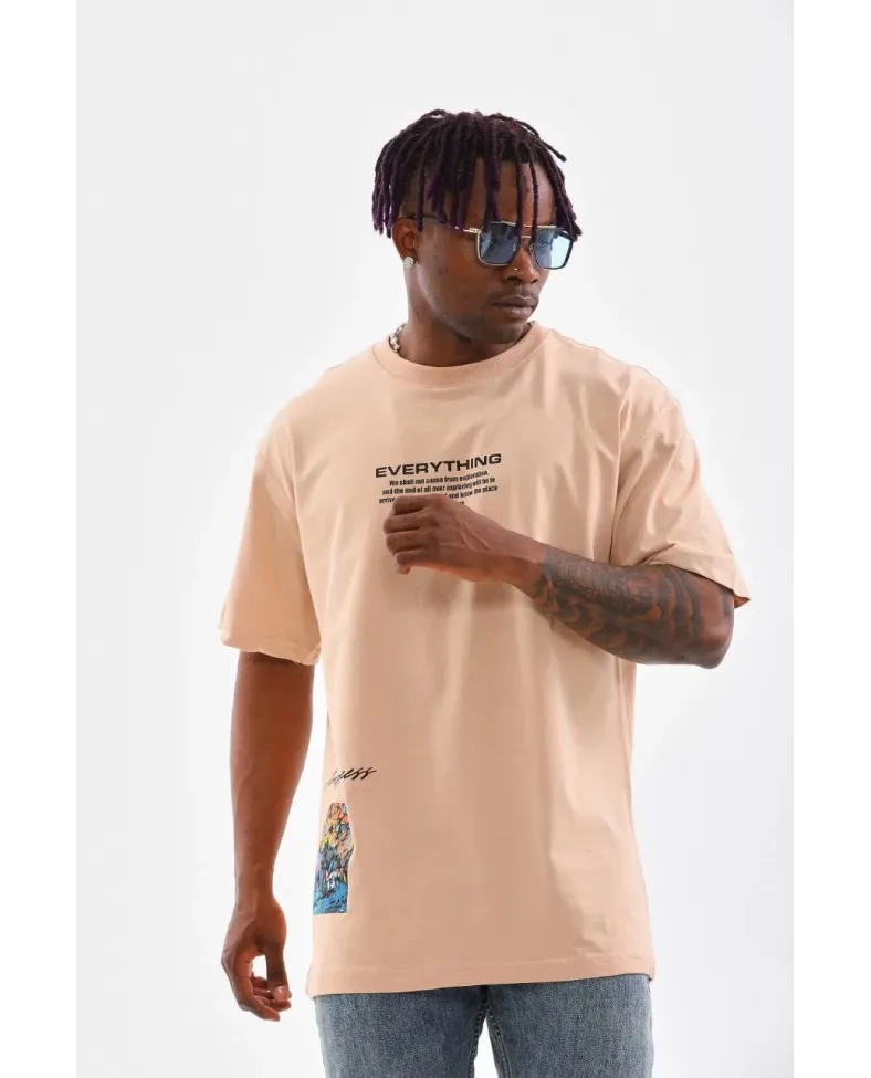 Erkek  Bisiklet Yaka Baskılı Oversize T-Shirt - Bej