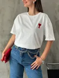 kadın Bisiklet Yaka Baskılı Oversize T-Shirt - Beyaz