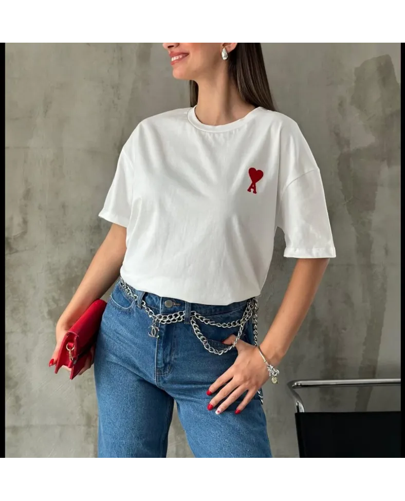 kadın Bisiklet Yaka Baskılı Oversize T-Shirt - Beyaz