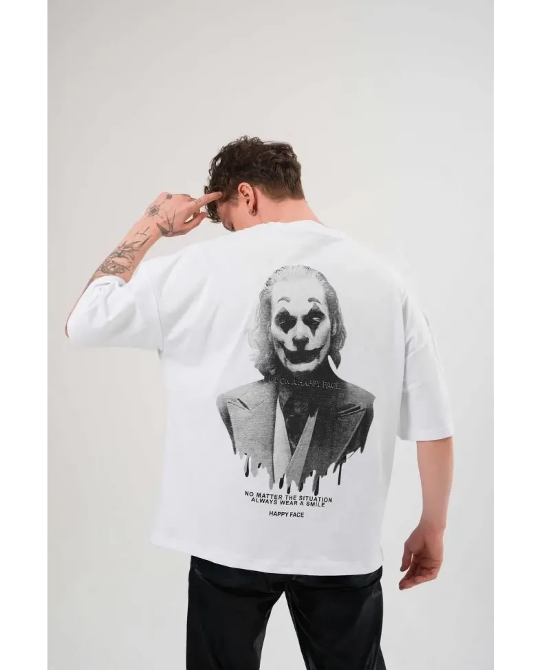 Erkek Bisiklet Yaka Baskılı Oversize T-Shirt - Beyaz