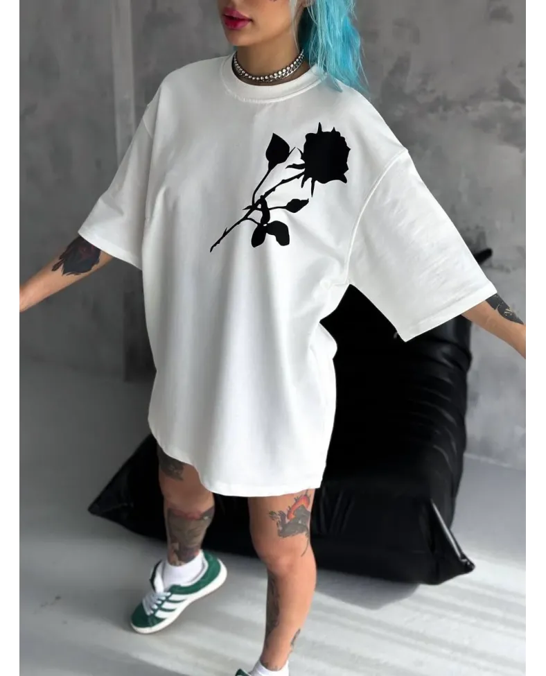 kadın  Bisiklet Yaka Baskılı Oversize T-Shirt - Beyaz