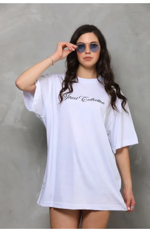 Kadın Baskılı T-Shirt Kısa Kol Bisiklet Yaka  Ovarsize Rahat Kalıp Günlük Tişört  - Beyaz