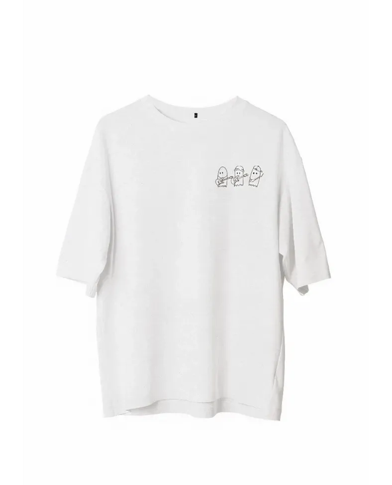 Erkek Bisiklet Yaka Baskılı Oversize T-Shirt - Beyaz