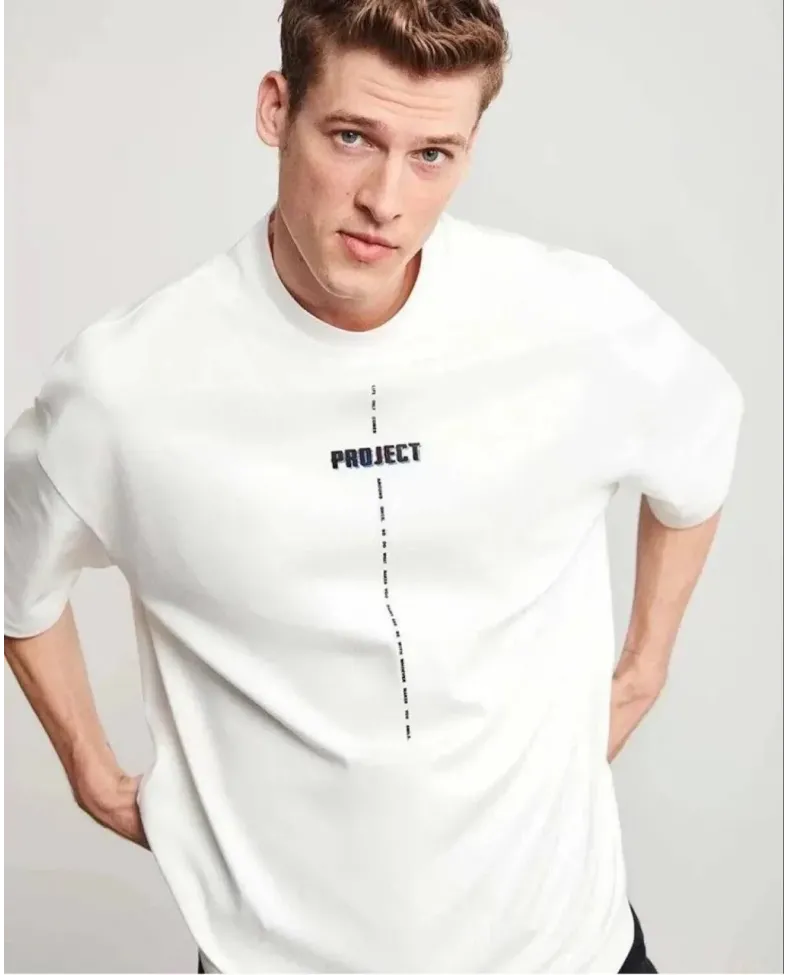 ERKEK Bisiklet Yaka Baskılı Oversize T-Shirt - Beyaz