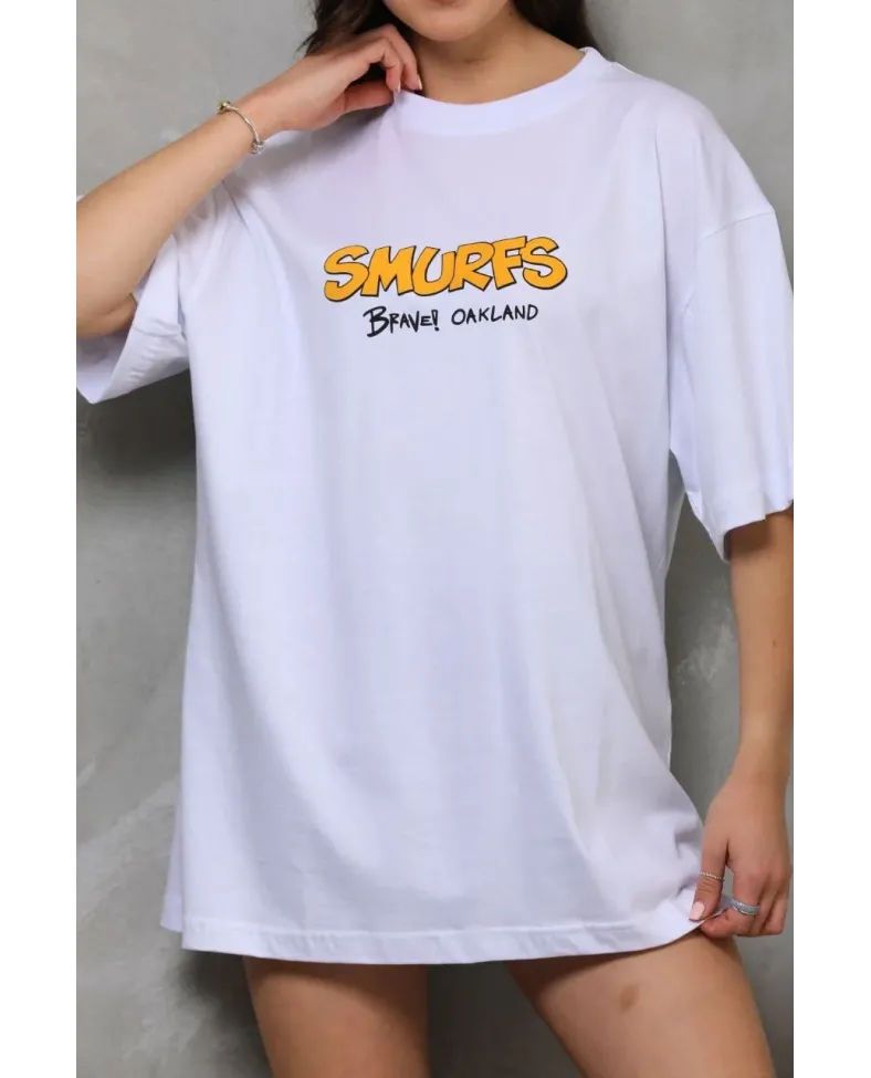 kadın Bisiklet Yaka Baskılı Oversize T-Shirt - Beyaz