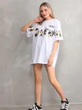 kadın  Bisiklet Yaka Baskılı Oversize T-Shirt - Beyaz