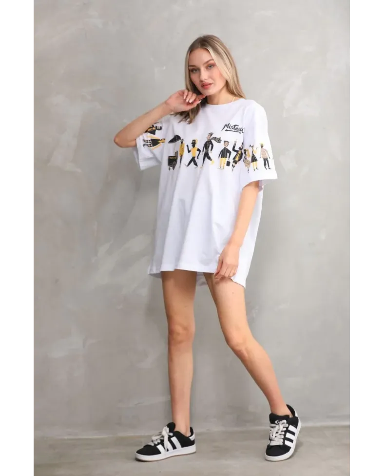 kadın  Bisiklet Yaka Baskılı Oversize T-Shirt - Beyaz
