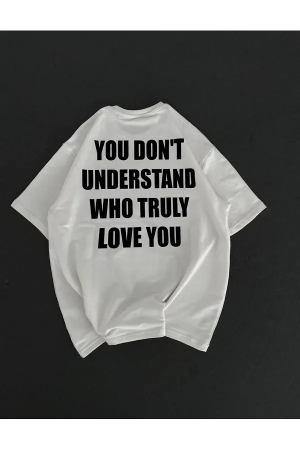 kadın Bisiklet Yaka Baskılı Oversize T-Shirt - Beyaz