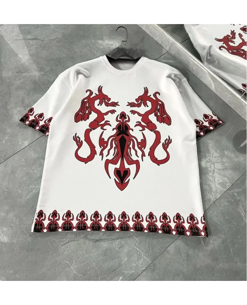 Unisex Bisiklet Yaka Baskılı Oversize T-Shirt - Beyaz