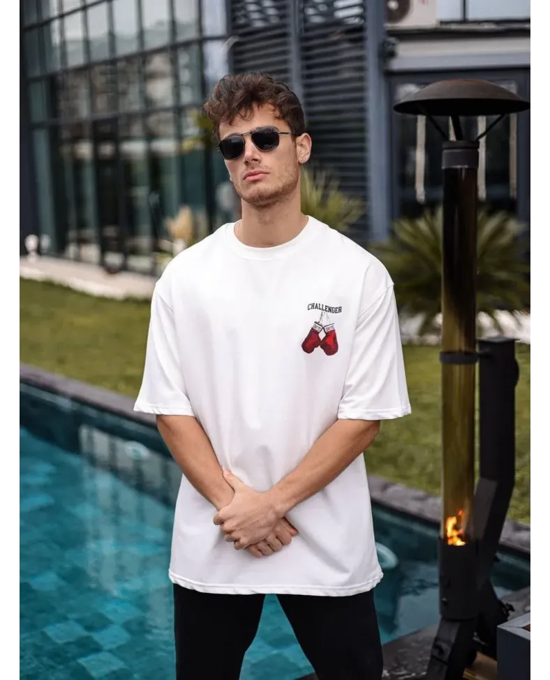 Erkek Bisiklet Yaka Baskılı Oversize T-Shirt - Beyaz