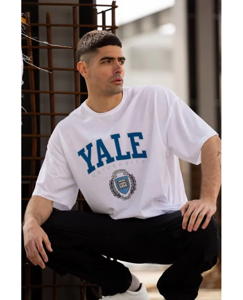 Unisex Bisiklet Yaka Baskılı Oversize T-Shirt - Beyaz