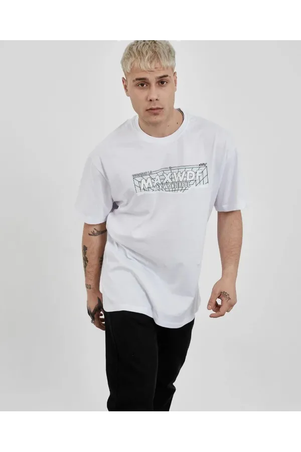 Erkek  Bisiklet Yaka Baskılı Oversize T-Shirt - Beyaz