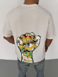 Erkek  Bisiklet Yaka Baskılı Oversize T-Shirt - Beyaz