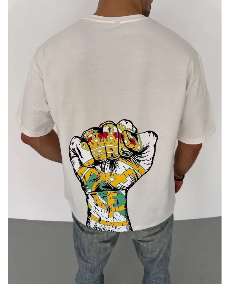 Erkek  Bisiklet Yaka Baskılı Oversize T-Shirt - Beyaz