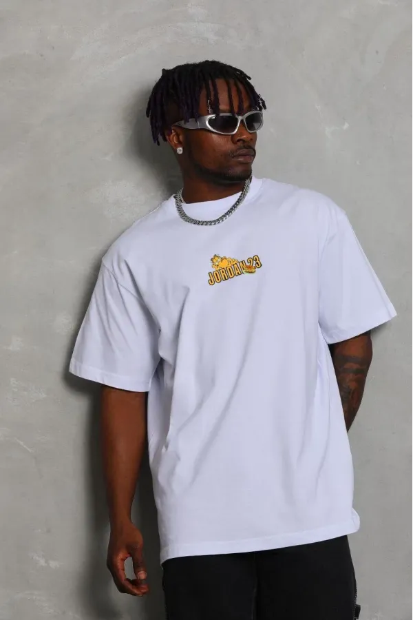 Erkek Bisiklet Yaka Baskılı Oversize T-Shirt - Beyaz