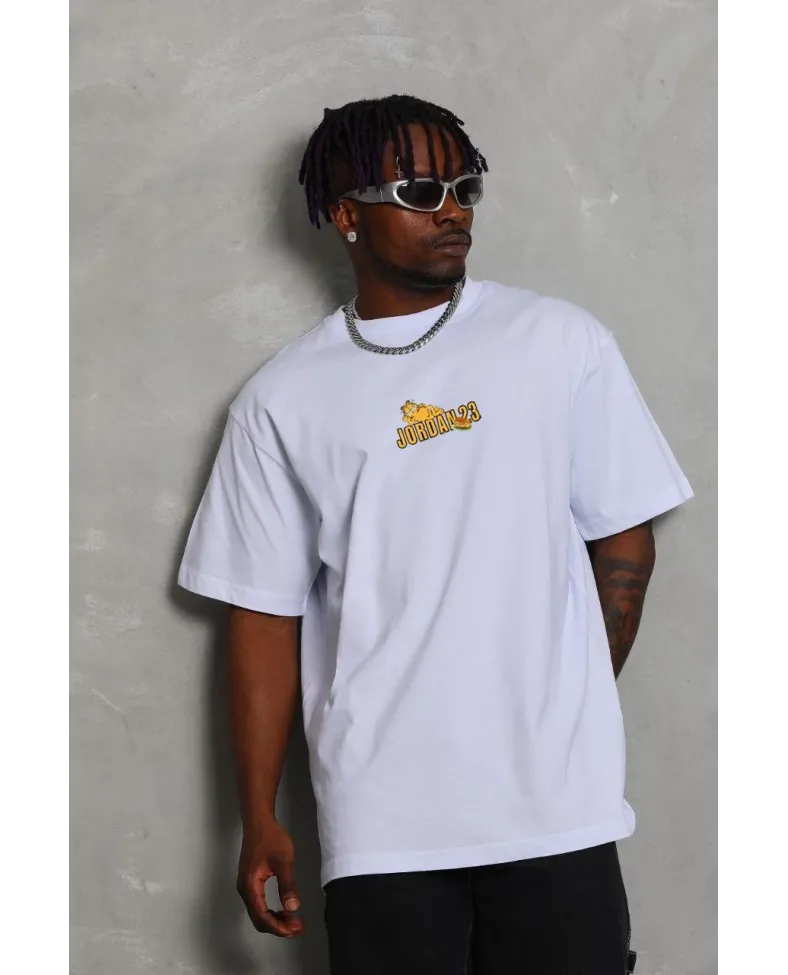 Erkek Bisiklet Yaka Baskılı Oversize T-Shirt - Beyaz