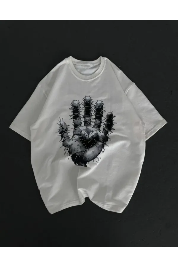 kadın Bisiklet Yaka Baskılı Oversize T-Shirt - Beyaz