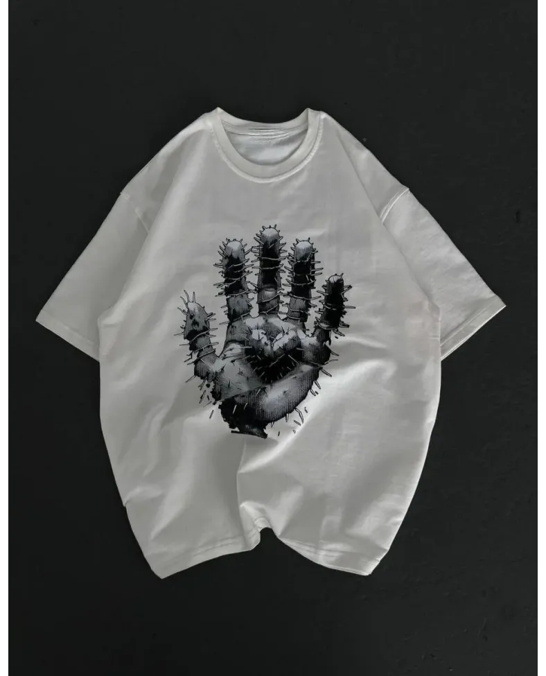 kadın Bisiklet Yaka Baskılı Oversize T-Shirt - Beyaz