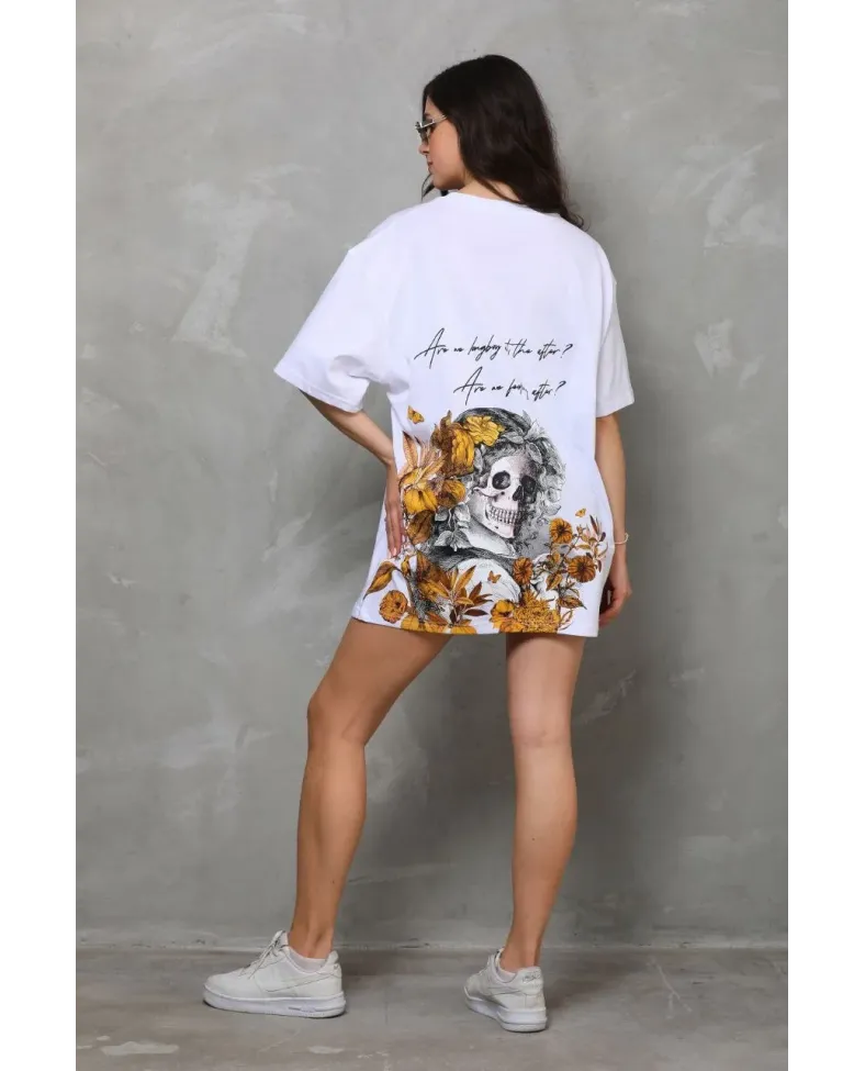 kadın Bisiklet Yaka Baskılı Oversize T-Shirt - Beyaz